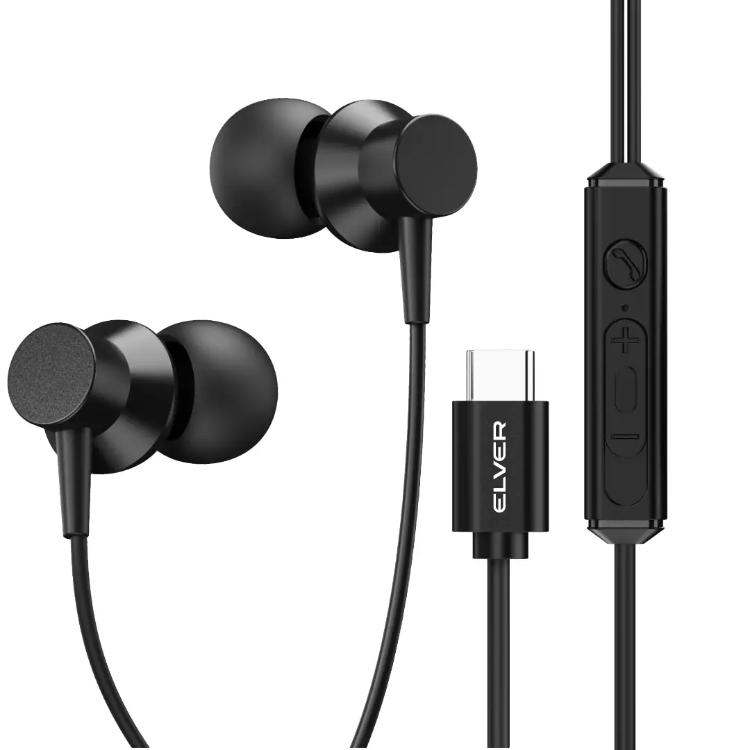 Elver Flow Type C Wired Earphones with Mic, 10mm Drivers, IPX5 Water Resistant, Tangle-Free Cable - Black Elver Flow Type C Wired Earphones with Mic, 10mm Drivers, IPX5 Water Resistant, Tangle-Free Cable - Black