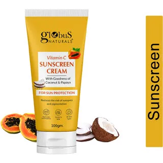Globus Naturals Vitamin C Sunscreen Cream with Goodness of Coconut Papaya For Sun Protection All Skin Types 100gm Globus Naturals Vitamin C Sunscreen Cream with Goodness of Coconut Papaya For Sun Protection All Skin Types 100gm
