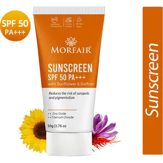 Morfair SPF 50 PA+++ Sunscreen with Sunflower & Saffron | Anti-Pigmentation, Anti-Sunspot, Broad-Spectrum Sun Protection 50gm Morfair SPF 50 PA+++ Sunscreen with Sunflower & Saffron | Anti-Pigmentation, Anti-Sunspot, Broad-Spectrum Sun Protection 50gm